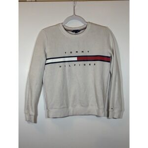 Tommy Hilfiger 90s Vintage Oatmeal Horizontal Stripe Flag Sweatshirt Size XS Y2K